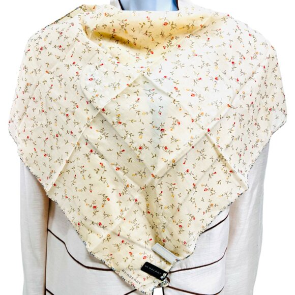 New Tag on  Burberry Miniscarf  23" Cotton Silk Light Yellow Red Floral Nova(52) - Picture 1 of 13